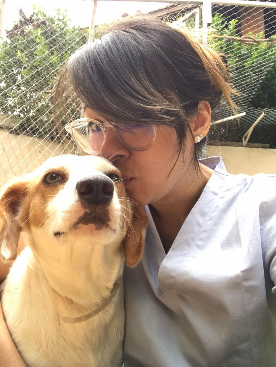 Profissional de jaleco beijando cãozinho